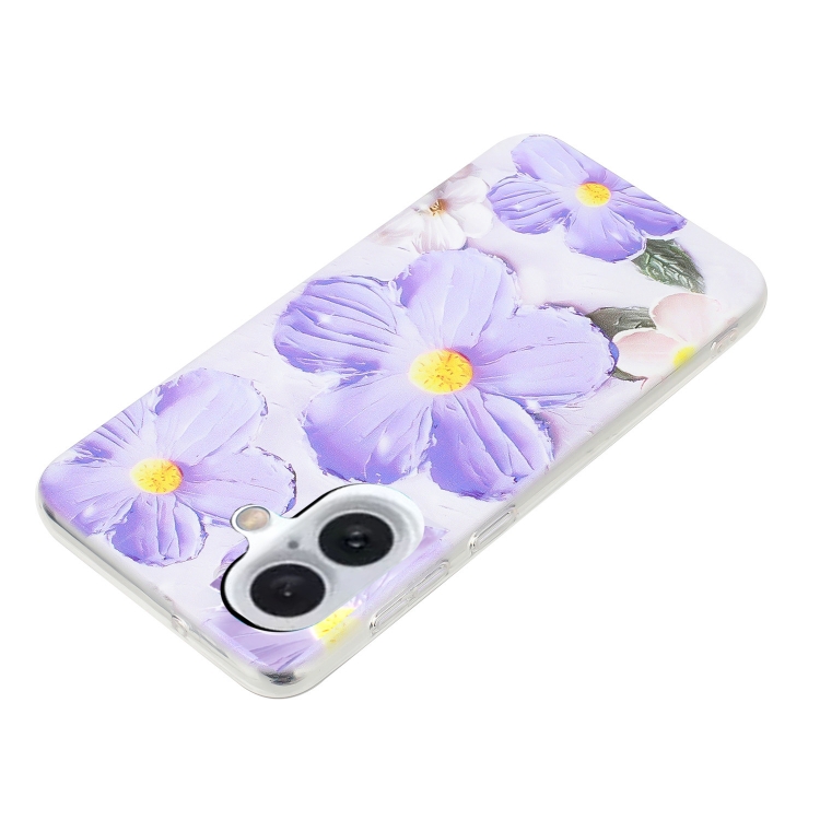 For iPhone 16 Plus Colorful Painting Pattern TPU Phone Case(Purple Flowers)