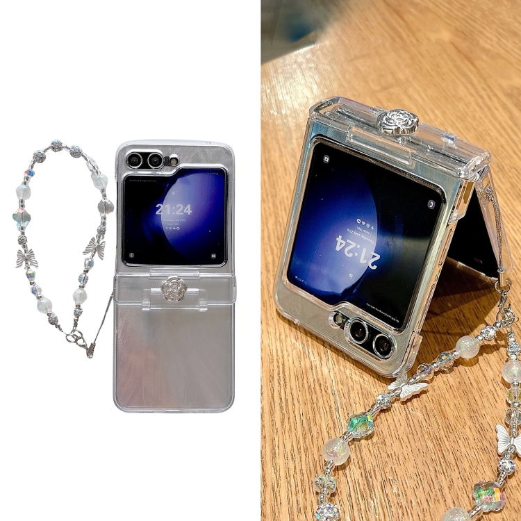 For Samsung Galaxy Z Flip5 5G Skin Feel PC Feather Gauze Glitter Paper Camellia Phone Case with Bracelet(Transparent) For Samsung Galaxy Z Flip5 5G Skin Feel PC Feather Gauze Glitter Paper Camellia Phone Case with Bracelet(Transparent)