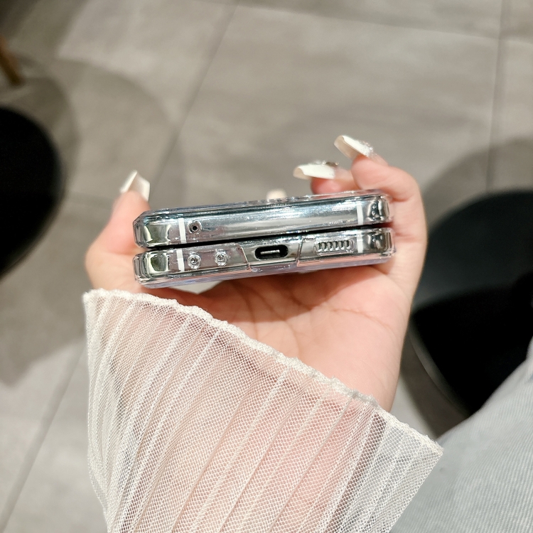 For Samsung Galaxy Z Flip5 5G Skin Feel PC Feather Gauze Glitter Paper Camellia Phone Case with Bracelet(Transparent) For Samsung Galaxy Z Flip5 5G Skin Feel PC Feather Gauze Glitter Paper Camellia Phone Case with Bracelet(Transparent)