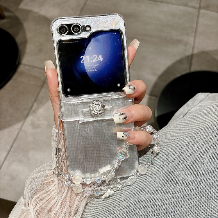 For Samsung Galaxy Z Flip5 5G Skin Feel PC Feather Gauze Glitter Paper Camellia Phone Case with Bracelet(Transparent) For Samsung Galaxy Z Flip5 5G Skin Feel PC Feather Gauze Glitter Paper Camellia Phone Case with Bracelet(Transparent)