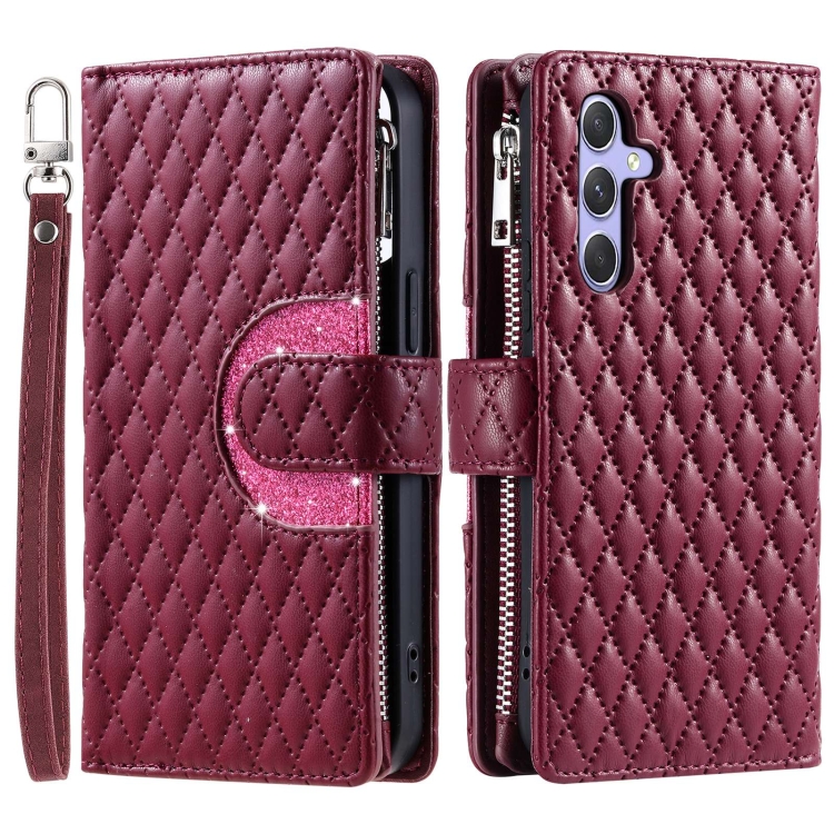 For Samsung Galaxy S23 FE 5G Glitter Lattice Zipper Wallet Leather Phone Case(Wine Red)