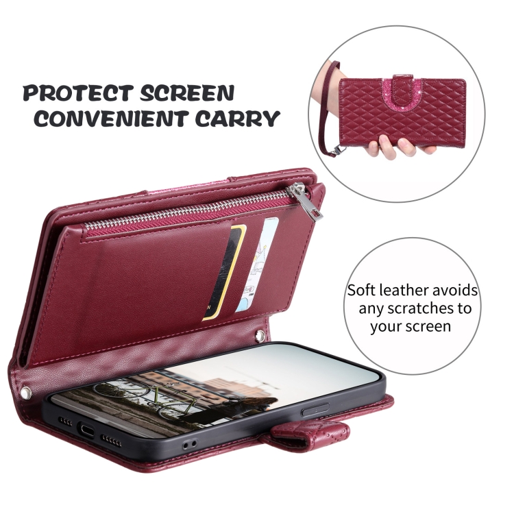 For Samsung Galaxy S23 FE 5G Glitter Lattice Zipper Wallet Leather Phone Case(Wine Red)