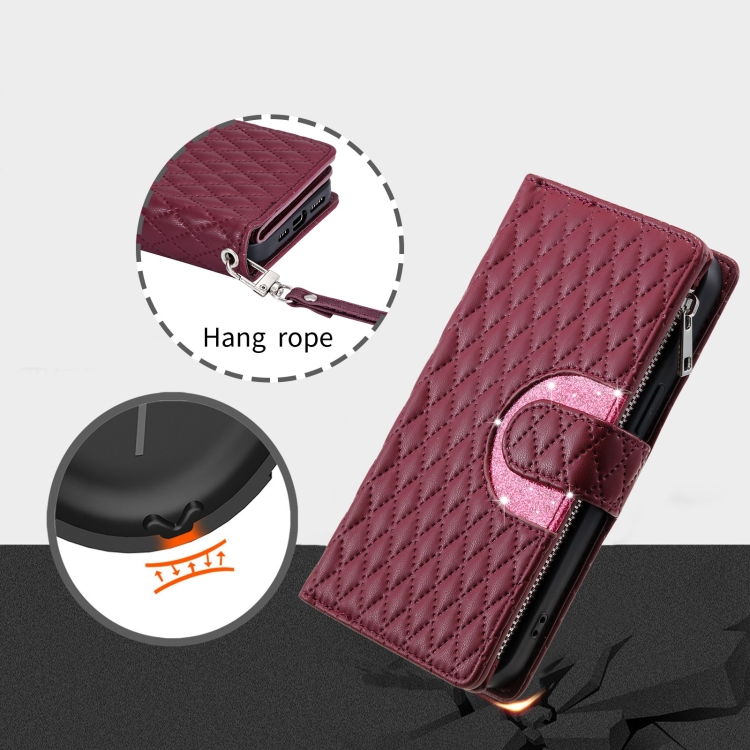For Samsung Galaxy S23 FE 5G Glitter Lattice Zipper Wallet Leather Phone Case(Wine Red)