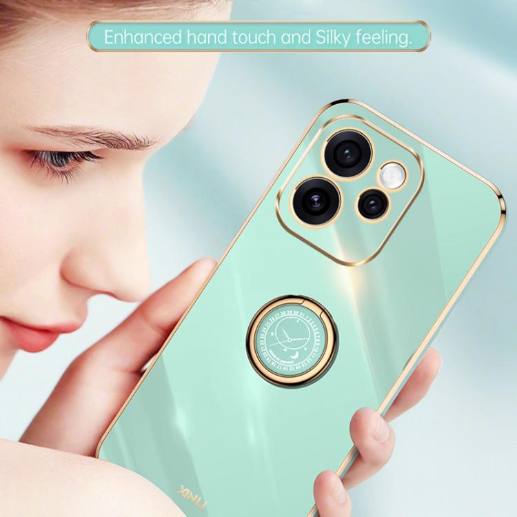 For OPPO Reno15 F 5G Global XINLI Straight Edge 6D Electroplate TPU Phone Case with Ring Holder(Mint Green)