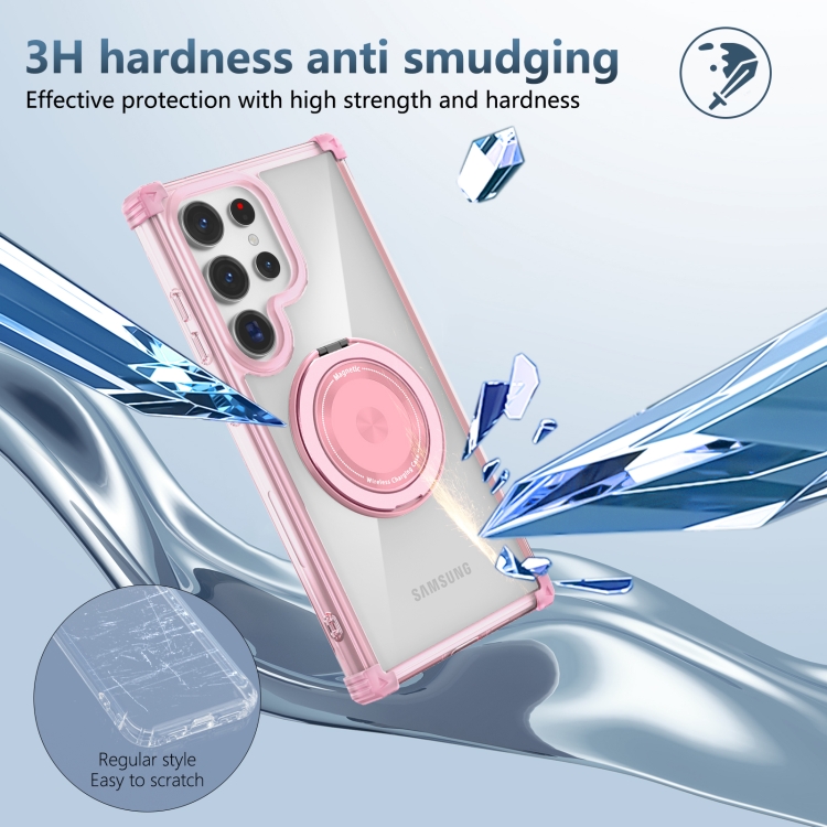 For Samsung Galaxy S24 Ultra 5G Gold Shield CD Pattern MagSafe Magnetic Phone Case with Rotating Stand(Transparent Pink) For Samsung Galaxy S24 Ultra 5G Gold Shield CD Pattern MagSafe Magnetic Phone Case with Rotating Stand(Transparent Pink)