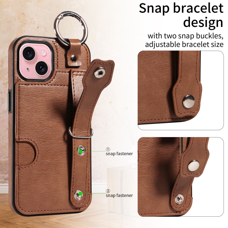 For iPhone 15 Plus Calf Texture Wrist Card Slot Ring Phone Case(Brown) For iPhone 15 Plus Calf Texture Wrist Card Slot Ring Phone Case(Brown)