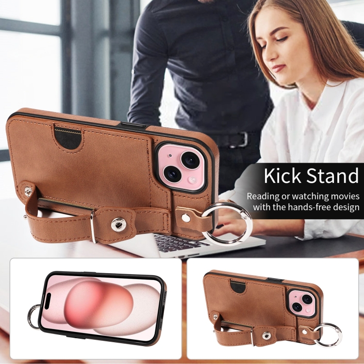 For iPhone 15 Plus Calf Texture Wrist Card Slot Ring Phone Case(Brown) For iPhone 15 Plus Calf Texture Wrist Card Slot Ring Phone Case(Brown)