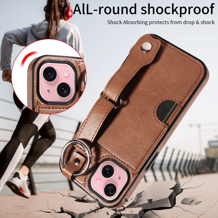 For iPhone 15 Plus Calf Texture Wrist Card Slot Ring Phone Case(Brown) For iPhone 15 Plus Calf Texture Wrist Card Slot Ring Phone Case(Brown)