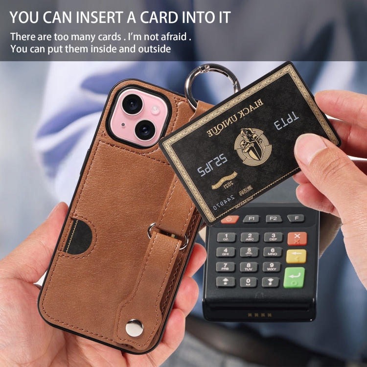 For iPhone 15 Plus Calf Texture Wrist Card Slot Ring Phone Case(Brown) For iPhone 15 Plus Calf Texture Wrist Card Slot Ring Phone Case(Brown)