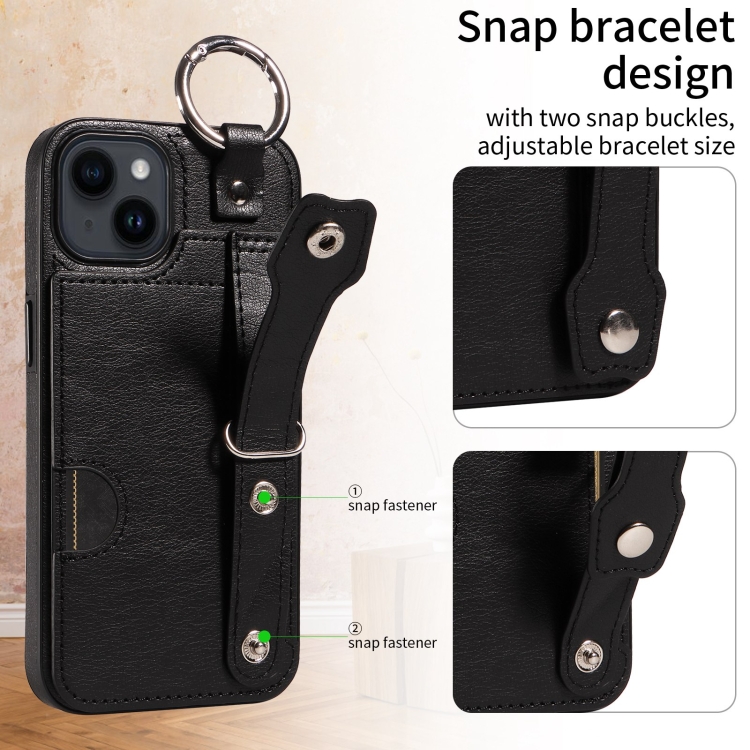 For iPhone 14 Plus Calf Texture Wrist Card Slot Ring Phone Case(Black) For iPhone 14 Plus Calf Texture Wrist Card Slot Ring Phone Case(Black)