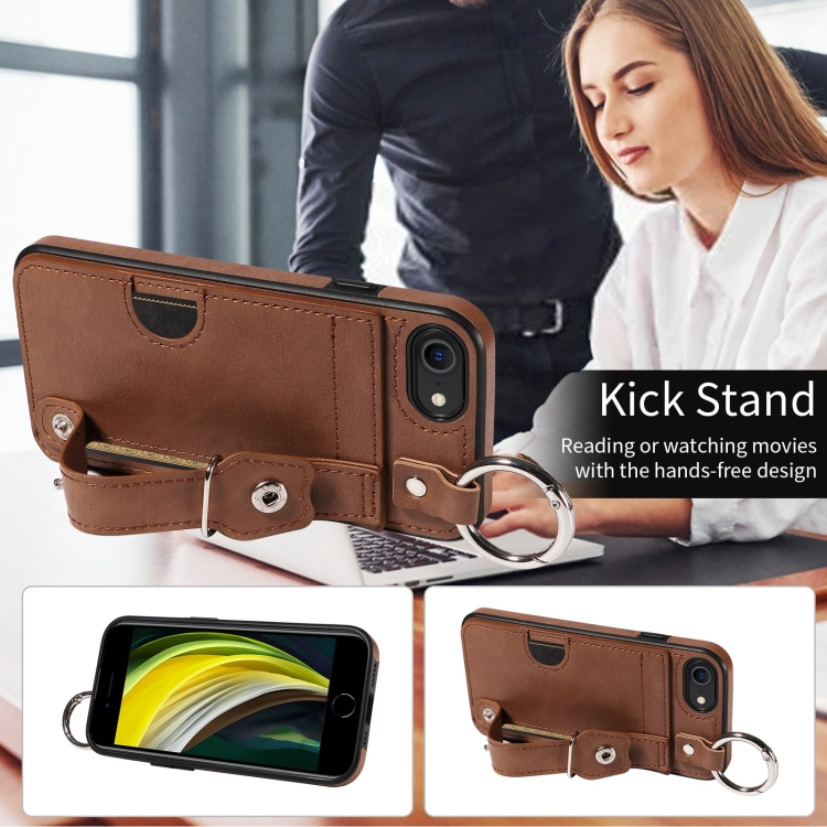 For iPhone 7 / 8 / SE 2022 Calf Texture Wrist Card Slot Ring Phone Case(Brown) For iPhone 7 / 8 / SE 2022 Calf Texture Wrist Card Slot Ring Phone Case(Brown)