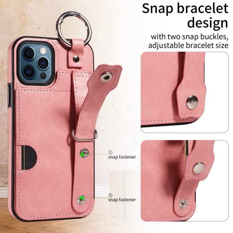 For iPhone 12 / 12 Pro Calf Texture Wrist Card Slot Ring Phone Case(Pink) For iPhone 12 / 12 Pro Calf Texture Wrist Card Slot Ring Phone Case(Pink)