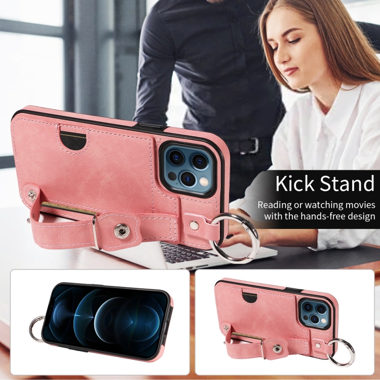 For iPhone 12 / 12 Pro Calf Texture Wrist Card Slot Ring Phone Case(Pink) For iPhone 12 / 12 Pro Calf Texture Wrist Card Slot Ring Phone Case(Pink)