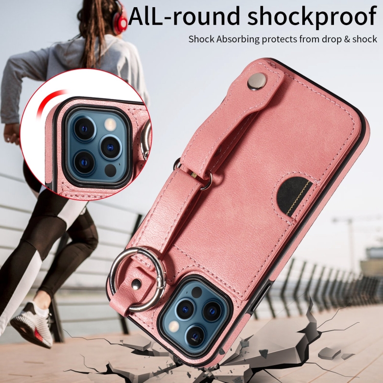 For iPhone 12 / 12 Pro Calf Texture Wrist Card Slot Ring Phone Case(Pink) For iPhone 12 / 12 Pro Calf Texture Wrist Card Slot Ring Phone Case(Pink)