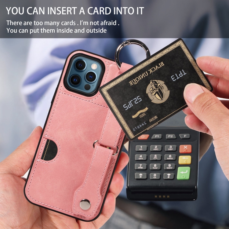 For iPhone 12 / 12 Pro Calf Texture Wrist Card Slot Ring Phone Case(Pink) For iPhone 12 / 12 Pro Calf Texture Wrist Card Slot Ring Phone Case(Pink)