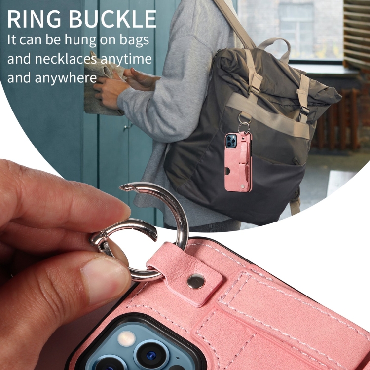 For iPhone 12 / 12 Pro Calf Texture Wrist Card Slot Ring Phone Case(Pink) For iPhone 12 / 12 Pro Calf Texture Wrist Card Slot Ring Phone Case(Pink)