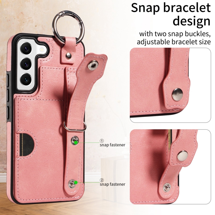 For Samsung Galaxy S22 5G Calf Texture Wrist Card Slot Ring Phone Case(Pink) For Samsung Galaxy S22 5G Calf Texture Wrist Card Slot Ring Phone Case(Pink)