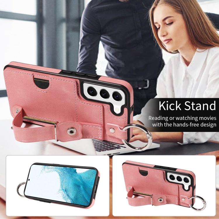 For Samsung Galaxy S22 5G Calf Texture Wrist Card Slot Ring Phone Case(Pink) For Samsung Galaxy S22 5G Calf Texture Wrist Card Slot Ring Phone Case(Pink)