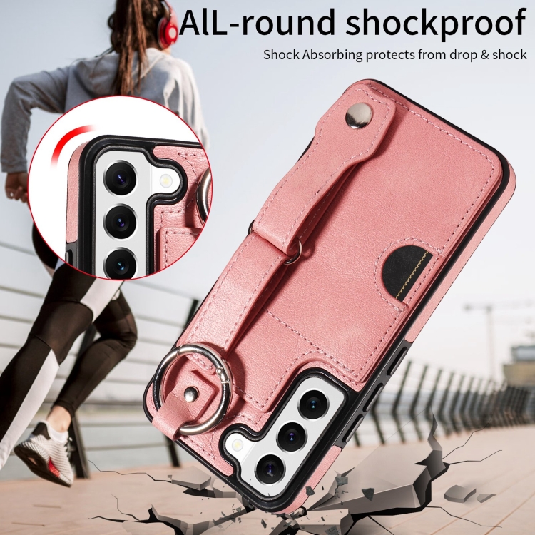 For Samsung Galaxy S22 5G Calf Texture Wrist Card Slot Ring Phone Case(Pink) For Samsung Galaxy S22 5G Calf Texture Wrist Card Slot Ring Phone Case(Pink)