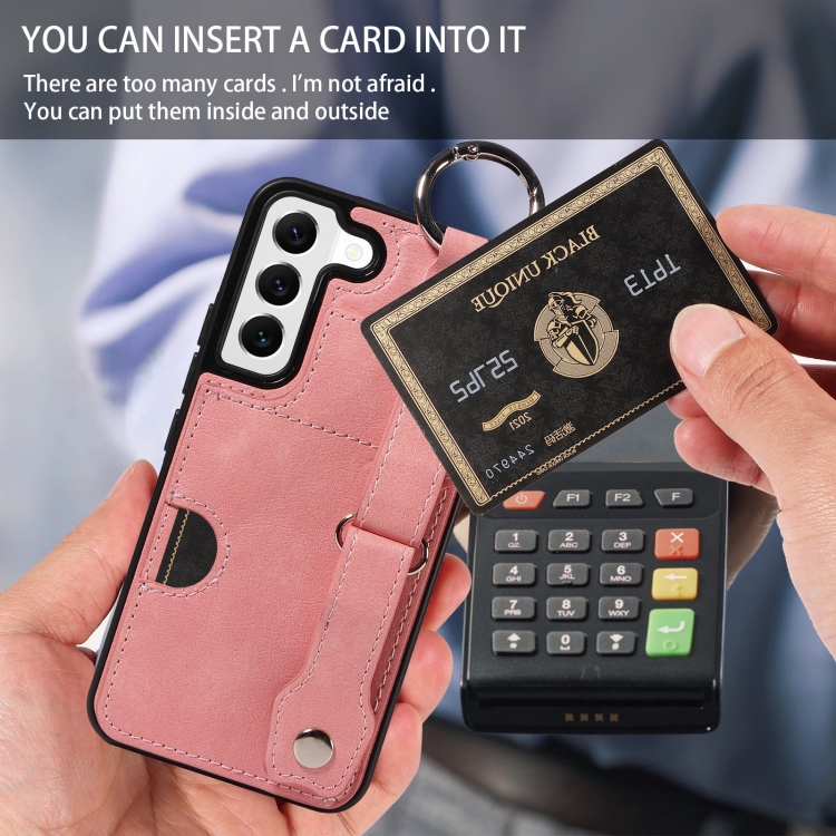 For Samsung Galaxy S22 5G Calf Texture Wrist Card Slot Ring Phone Case(Pink) For Samsung Galaxy S22 5G Calf Texture Wrist Card Slot Ring Phone Case(Pink)