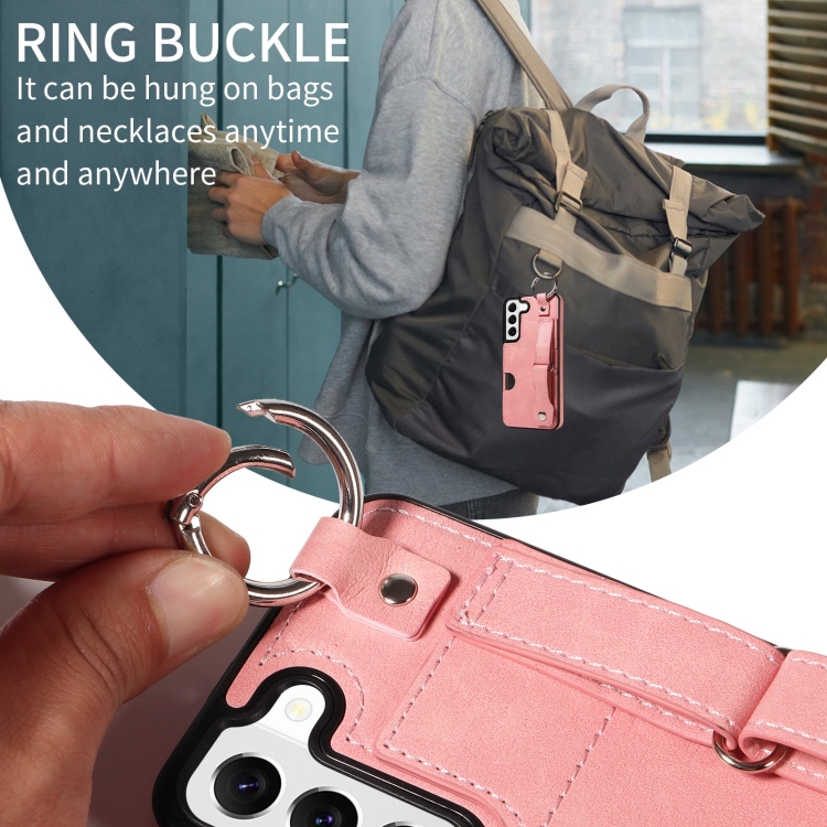 For Samsung Galaxy S22 5G Calf Texture Wrist Card Slot Ring Phone Case(Pink) For Samsung Galaxy S22 5G Calf Texture Wrist Card Slot Ring Phone Case(Pink)