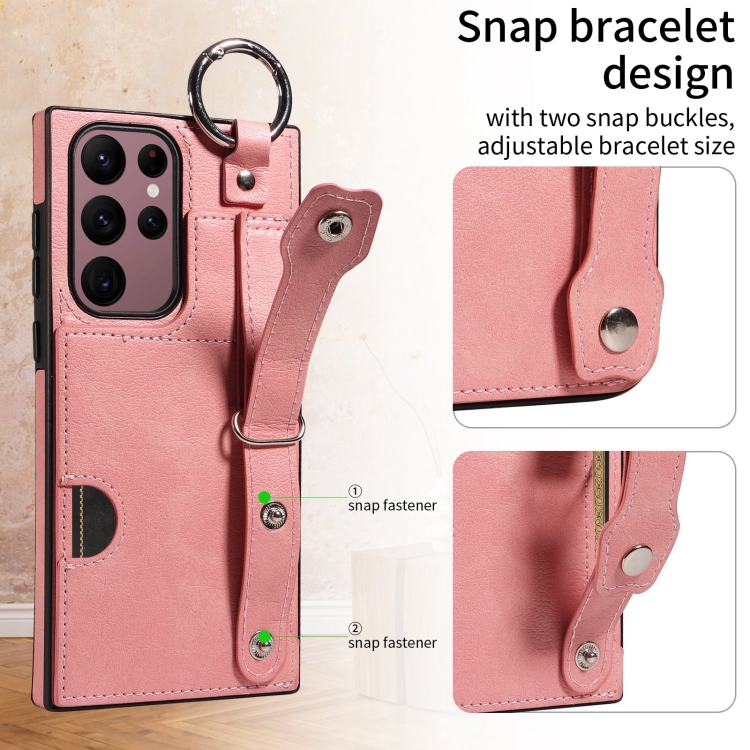 For Samsung Galaxy S22 Ultra 5G Calf Texture Wrist Card Slot Ring Phone Case(Pink) For Samsung Galaxy S22 Ultra 5G Calf Texture Wrist Card Slot Ring Phone Case(Pink)