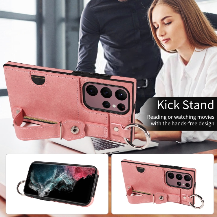 For Samsung Galaxy S22 Ultra 5G Calf Texture Wrist Card Slot Ring Phone Case(Pink) For Samsung Galaxy S22 Ultra 5G Calf Texture Wrist Card Slot Ring Phone Case(Pink)