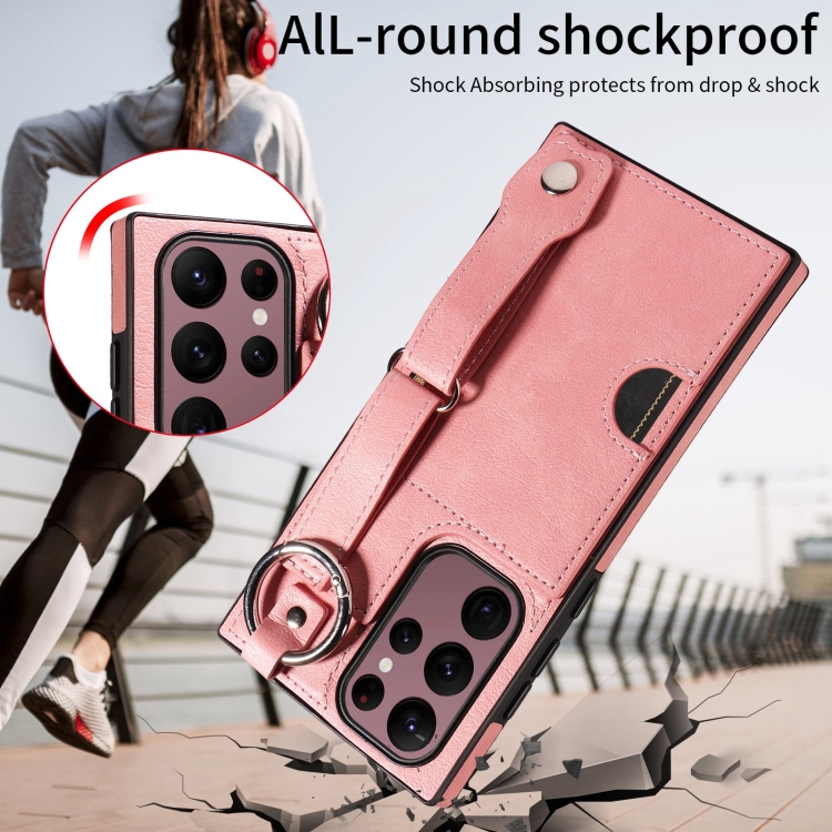 For Samsung Galaxy S22 Ultra 5G Calf Texture Wrist Card Slot Ring Phone Case(Pink) For Samsung Galaxy S22 Ultra 5G Calf Texture Wrist Card Slot Ring Phone Case(Pink)