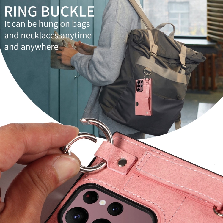 For Samsung Galaxy S22 Ultra 5G Calf Texture Wrist Card Slot Ring Phone Case(Pink) For Samsung Galaxy S22 Ultra 5G Calf Texture Wrist Card Slot Ring Phone Case(Pink)