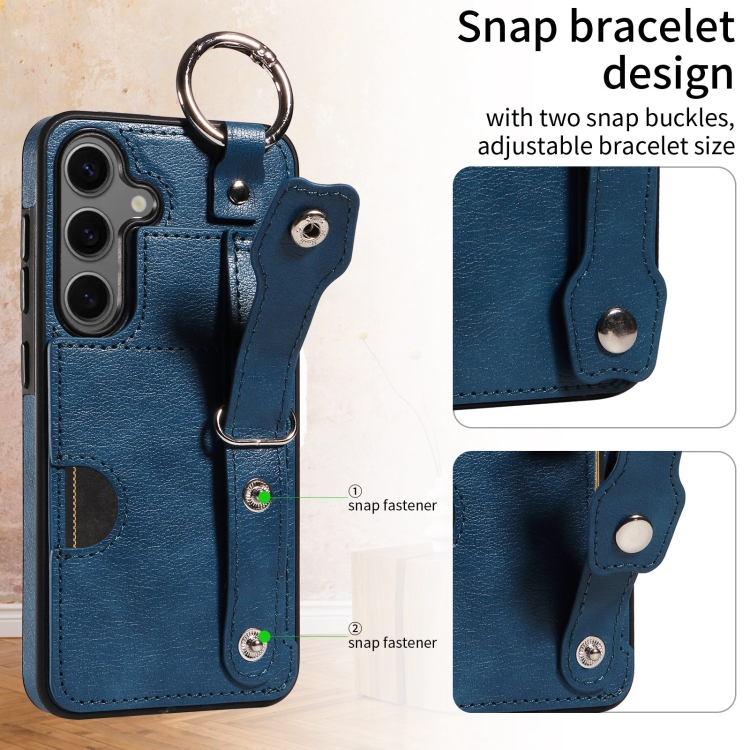 For Samsung Galaxy S24 5G Calf Texture Wrist Card Slot Ring Phone Case(Blue) For Samsung Galaxy S24 5G Calf Texture Wrist Card Slot Ring Phone Case(Blue)