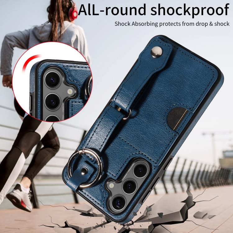 For Samsung Galaxy S24 5G Calf Texture Wrist Card Slot Ring Phone Case(Blue) For Samsung Galaxy S24 5G Calf Texture Wrist Card Slot Ring Phone Case(Blue)