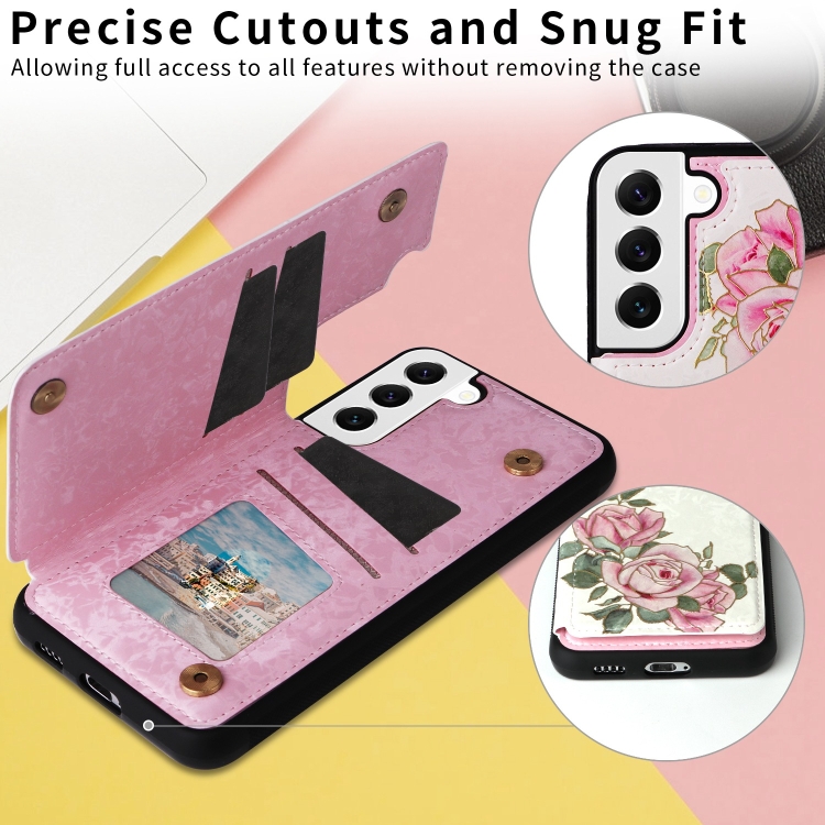 For Samsung Galaxy S22 5G Printed Double Buckle RFID Anti-theft Phone Case(Rose)