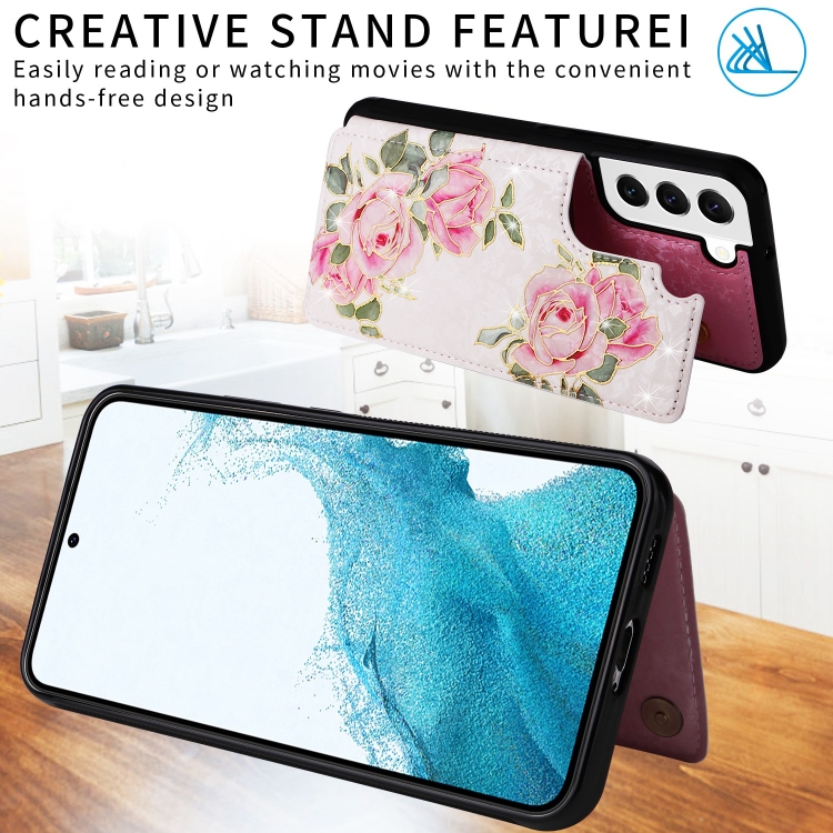 For Samsung Galaxy S22 5G Printed Double Buckle RFID Anti-theft Phone Case(Rose)