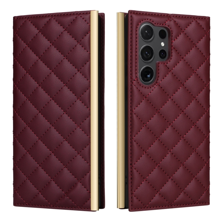 For Samsung Galaxy S24 Ultra 5G Crossbody Rhombic Sucker Leather Phone Case(Claret) For Samsung Galaxy S24 Ultra 5G Crossbody Rhombic Sucker Leather Phone Case(Claret)