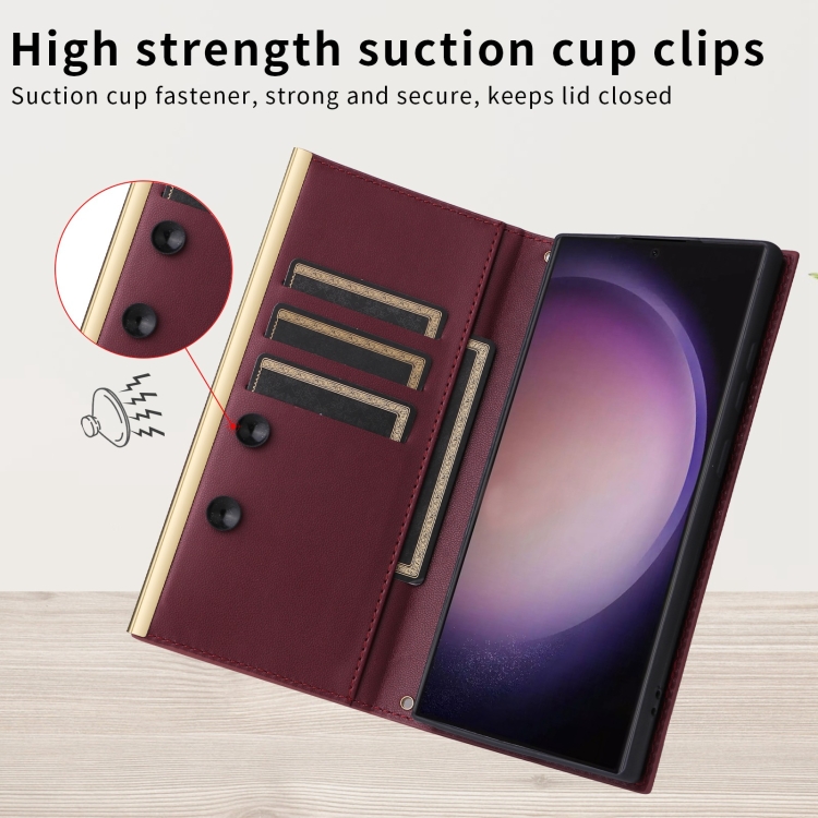 For Samsung Galaxy S24 Ultra 5G Crossbody Rhombic Sucker Leather Phone Case(Claret) For Samsung Galaxy S24 Ultra 5G Crossbody Rhombic Sucker Leather Phone Case(Claret)