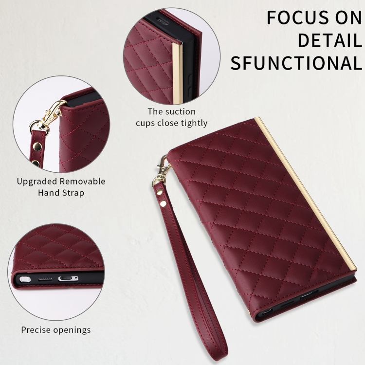 For Samsung Galaxy S24 Ultra 5G Crossbody Rhombic Sucker Leather Phone Case(Claret) For Samsung Galaxy S24 Ultra 5G Crossbody Rhombic Sucker Leather Phone Case(Claret)