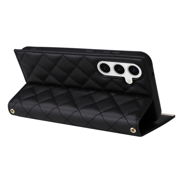 For Samsung Galaxy S24+ / S25+ 5G Crossbody Rhombic Sucker Leather Phone Case(Black)