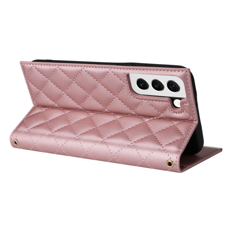 For Samsung Galaxy S22+ 5G Crossbody Rhombic Sucker Leather Phone Case(Rose Gold) For Samsung Galaxy S22+ 5G Crossbody Rhombic Sucker Leather Phone Case(Rose Gold)