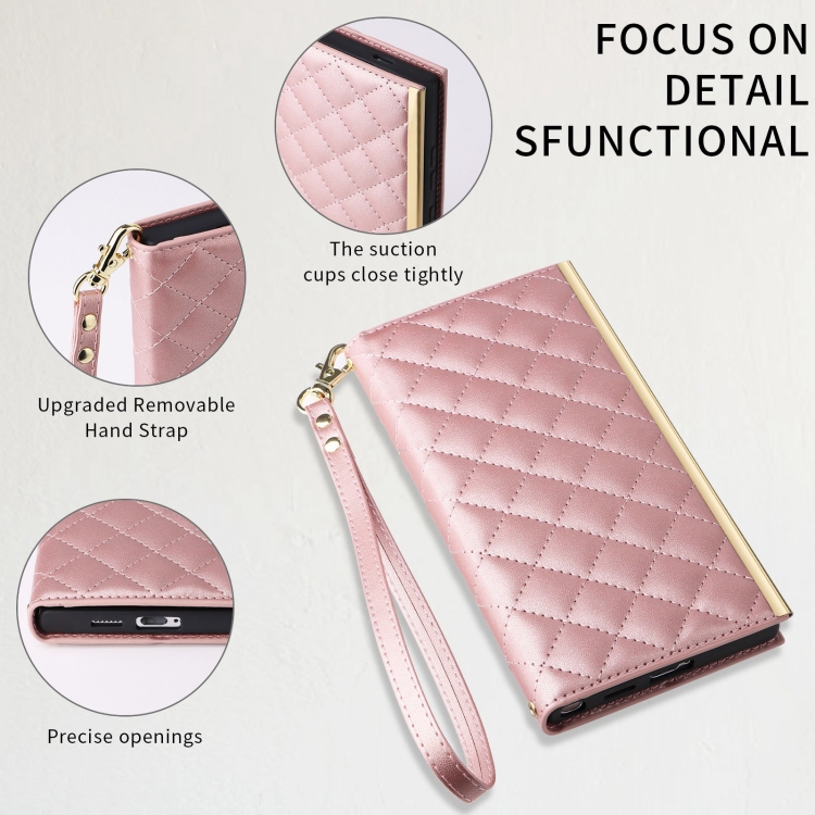 For Samsung Galaxy S22+ 5G Crossbody Rhombic Sucker Leather Phone Case(Rose Gold) For Samsung Galaxy S22+ 5G Crossbody Rhombic Sucker Leather Phone Case(Rose Gold)