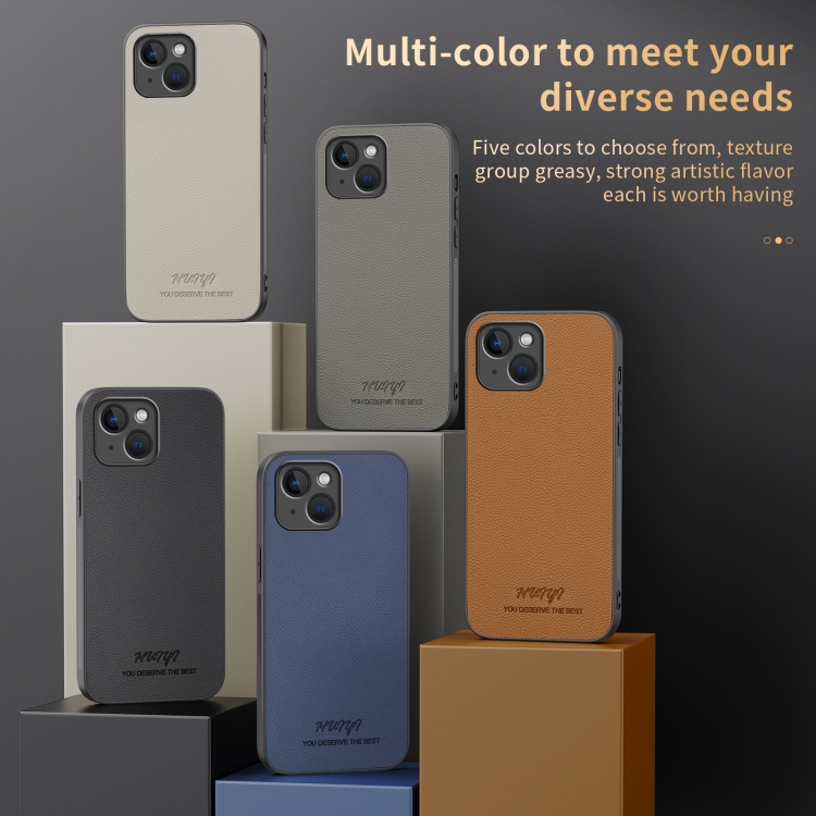 For iPhone 15 HUIYI Leather Magnetic Phone Case(Grey) For iPhone 15 HUIYI Leather Magnetic Phone Case(Grey)