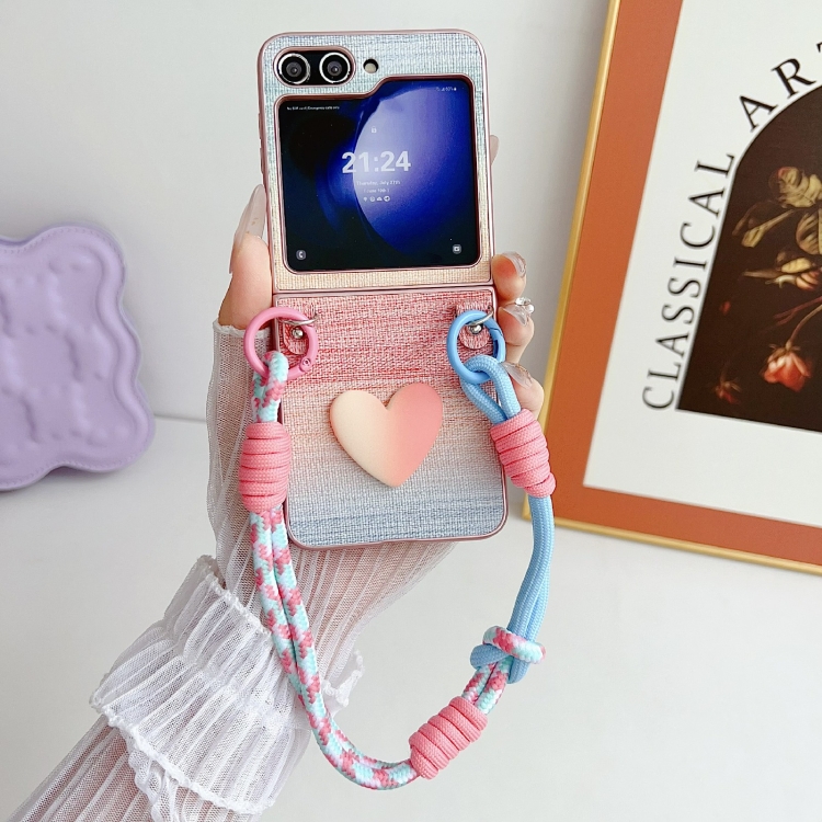 For Samsung Galaxy Z Flip6 Illusory Color Leather Texture PC Phone Case with Color Strap(Pink) For Samsung Galaxy Z Flip6 Illusory Color Leather Texture PC Phone Case with Color Strap(Pink)