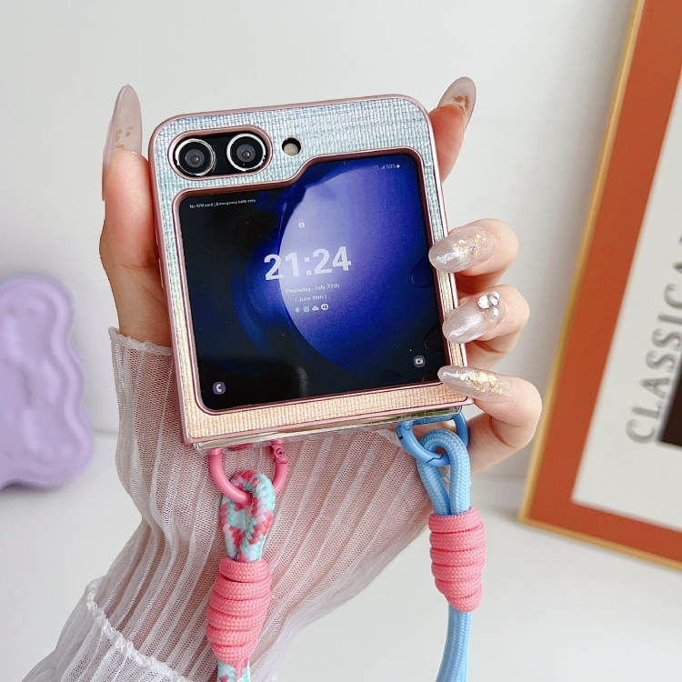 For Samsung Galaxy Z Flip6 Illusory Color Leather Texture PC Phone Case with Color Strap(Pink) For Samsung Galaxy Z Flip6 Illusory Color Leather Texture PC Phone Case with Color Strap(Pink)