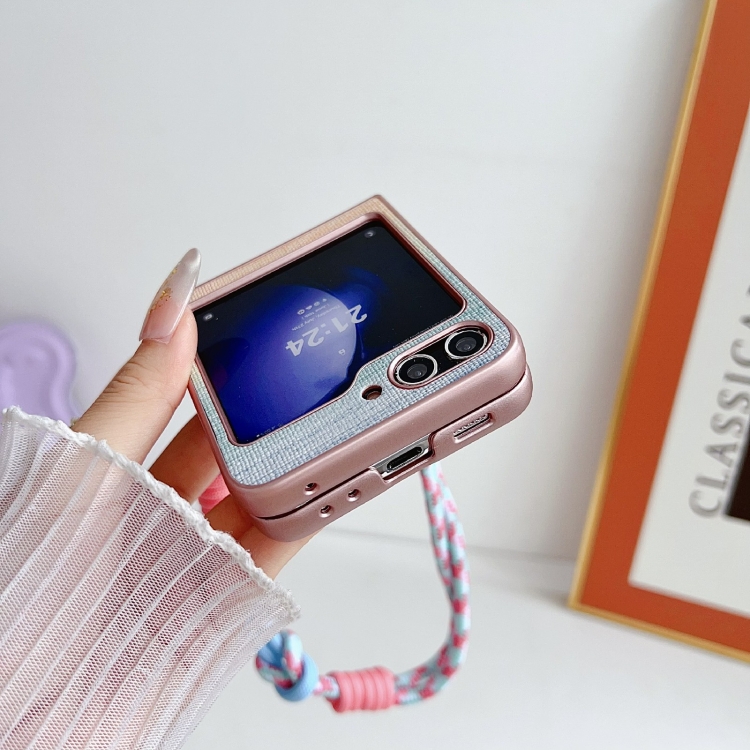 For Samsung Galaxy Z Flip6 Illusory Color Leather Texture PC Phone Case with Color Strap(Pink) For Samsung Galaxy Z Flip6 Illusory Color Leather Texture PC Phone Case with Color Strap(Pink)
