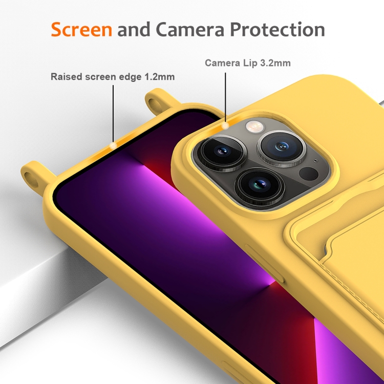 For iPhone 15 Pro Integrated Card Bag Solid Color Liquid Silicone Phone Case with Lanyard(Yellow) For iPhone 15 Pro Integrated Card Bag Solid Color Liquid Silicone Phone Case with Lanyard(Yellow)