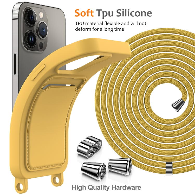 For iPhone 15 Pro Integrated Card Bag Solid Color Liquid Silicone Phone Case with Lanyard(Yellow) For iPhone 15 Pro Integrated Card Bag Solid Color Liquid Silicone Phone Case with Lanyard(Yellow)