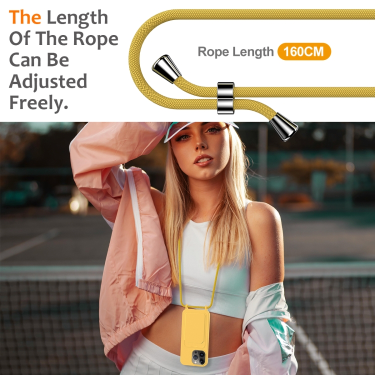 For iPhone 15 Pro Integrated Card Bag Solid Color Liquid Silicone Phone Case with Lanyard(Yellow) For iPhone 15 Pro Integrated Card Bag Solid Color Liquid Silicone Phone Case with Lanyard(Yellow)