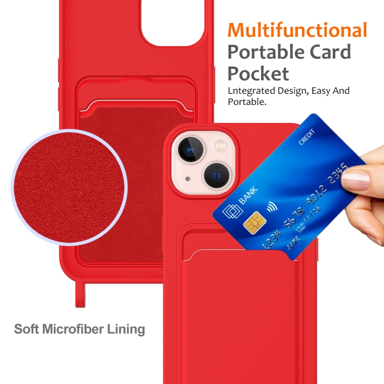 For iPhone 15 Plus Integrated Card Bag Solid Color Liquid Silicone Phone Case with Lanyard(Red) For iPhone 15 Plus Integrated Card Bag Solid Color Liquid Silicone Phone Case with Lanyard(Red)