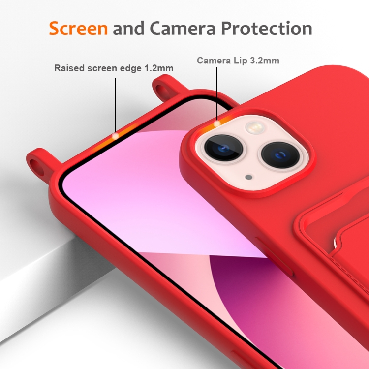 For iPhone 15 Plus Integrated Card Bag Solid Color Liquid Silicone Phone Case with Lanyard(Red) For iPhone 15 Plus Integrated Card Bag Solid Color Liquid Silicone Phone Case with Lanyard(Red)