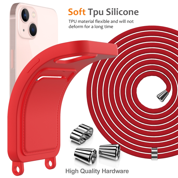 For iPhone 15 Plus Integrated Card Bag Solid Color Liquid Silicone Phone Case with Lanyard(Red) For iPhone 15 Plus Integrated Card Bag Solid Color Liquid Silicone Phone Case with Lanyard(Red)
