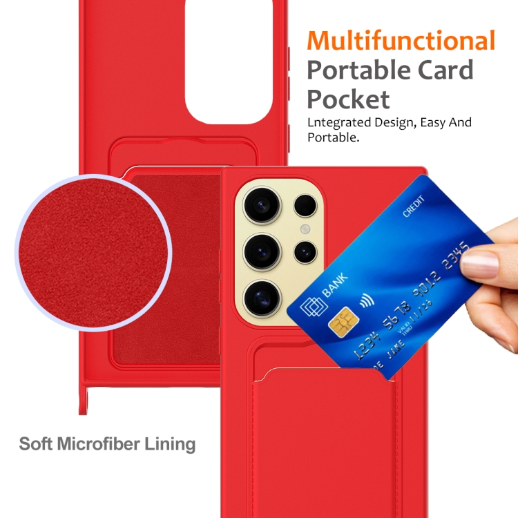 For Samsung Galaxy S24 Ultra 5G Integrated Card Bag Solid Color Liquid Silicone Phone Case with Lanyard(Red) For Samsung Galaxy S24 Ultra 5G Integrated Card Bag Solid Color Liquid Silicone Phone Case with Lanyard(Red)